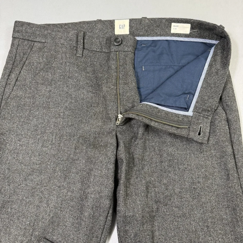 Gap Mens Slim Fit Herringbone Twill Wool Blend Trousers 32x30 Grey Dress Pants